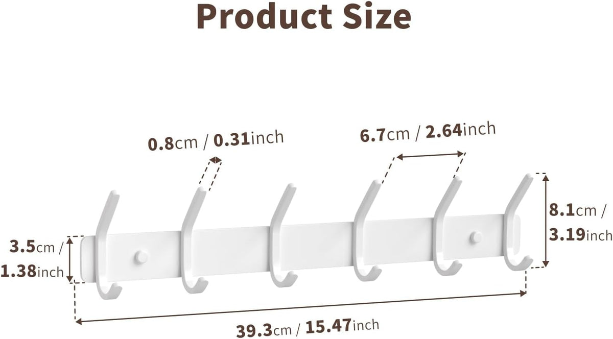 Coat Rack Wall Mount Hooks - 15 Inch White Metal 6-Hook Rack(1 Pack)