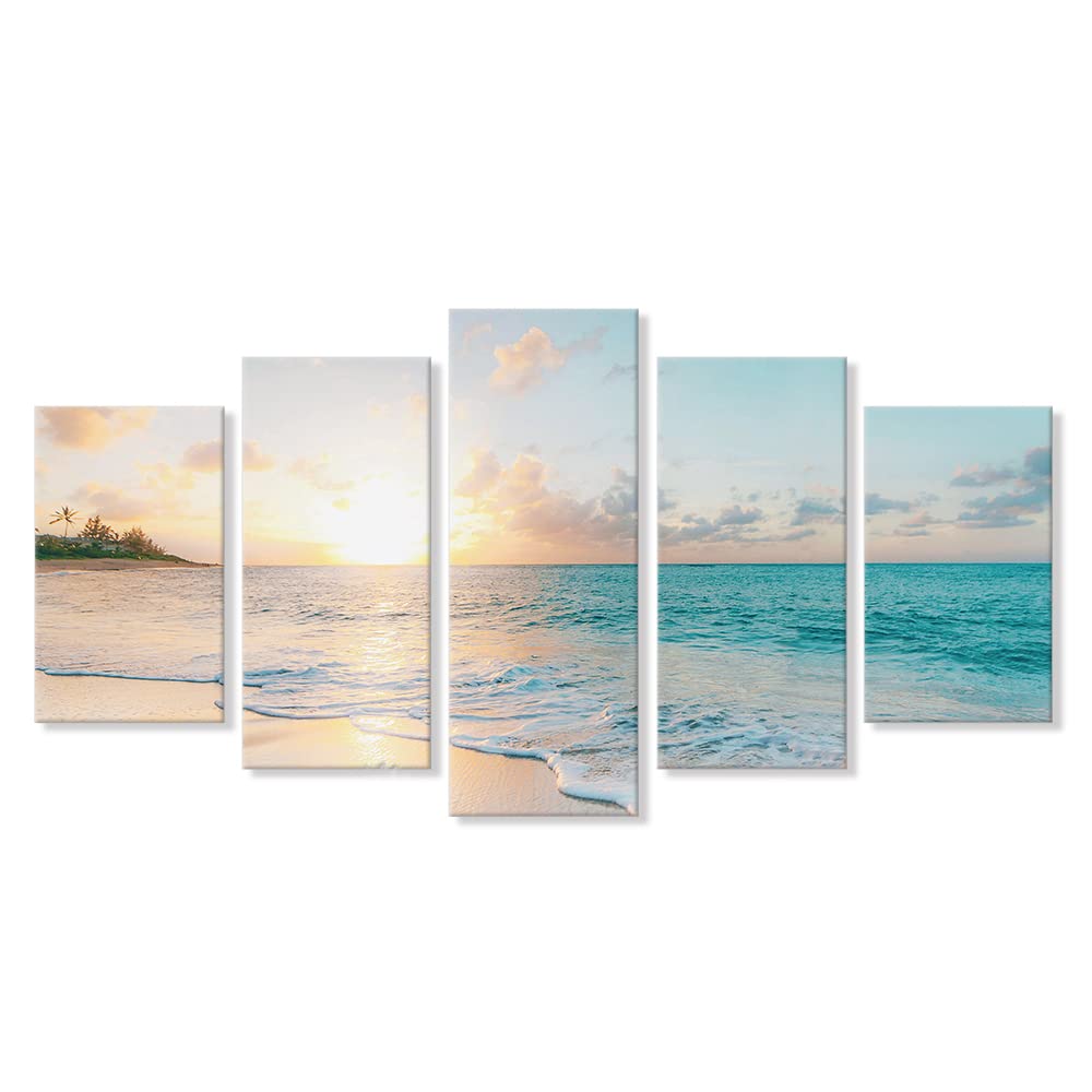 Goldfoilart Ocean Beach Sunset Canvas Wall Art for Bedroom Seascape Paintings Coastal Picture Framed Artwork for Bathroom Living Room Office Wall Decor 20" x 40"