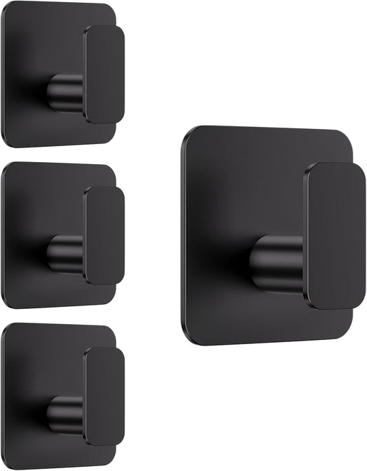 Aikzik Black Hooks for Hanging Heavy Duty, Adhesive Hooks for Shower, Bathroom, Kitchen, Robe, Towel, Coat, Waterproof & Rustproof Hook for Walls No Damage, Sticky Wall Towel Hooks - 4 Pack