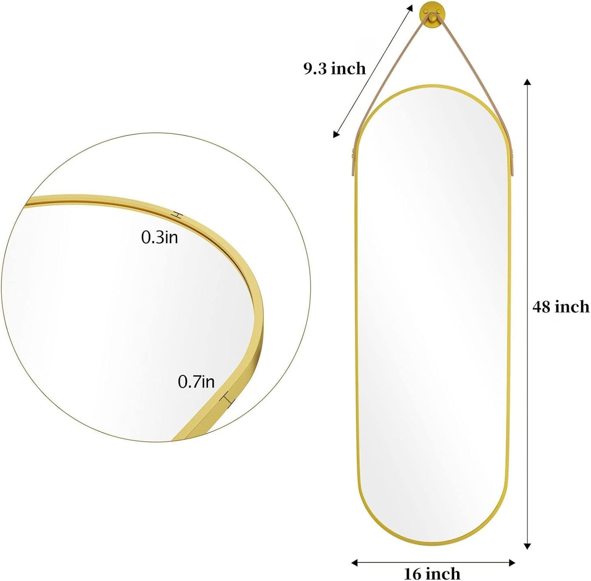 Dewfig 48"x16" Full Length Mirror, Oval Wall Mirror, Leather Strap, Gold