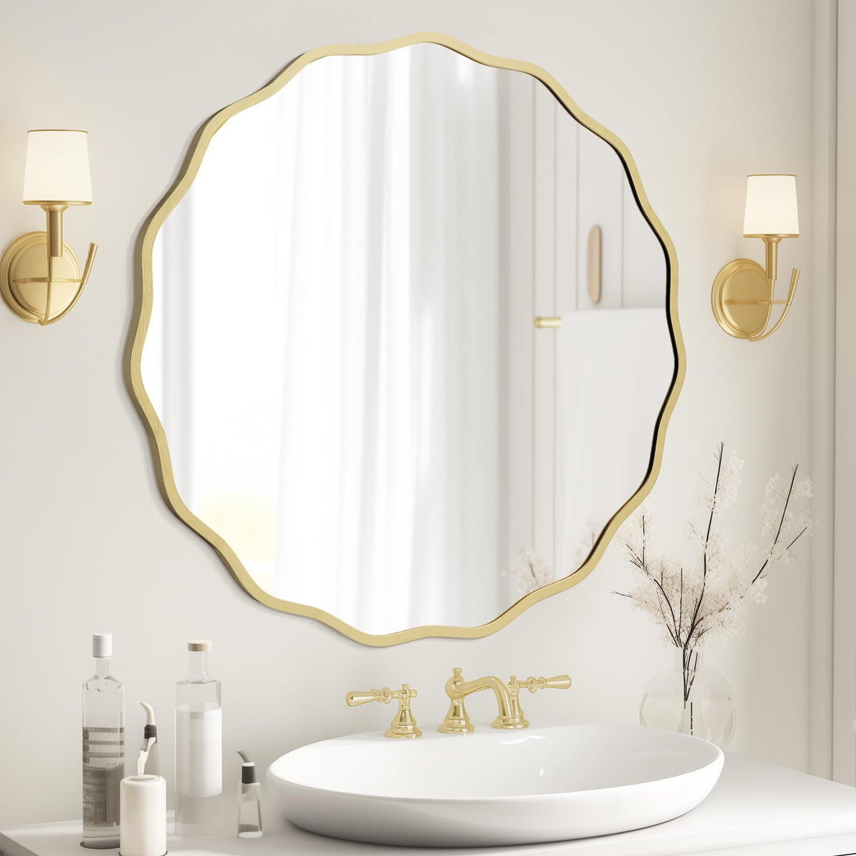 WallBeyond Round Wavy Mirror for Wall Decorative 20 inch, Modern Round Mirror Aluminum Frame for Bathroom Bedroom Living Room Home House Office Entryway, Gold