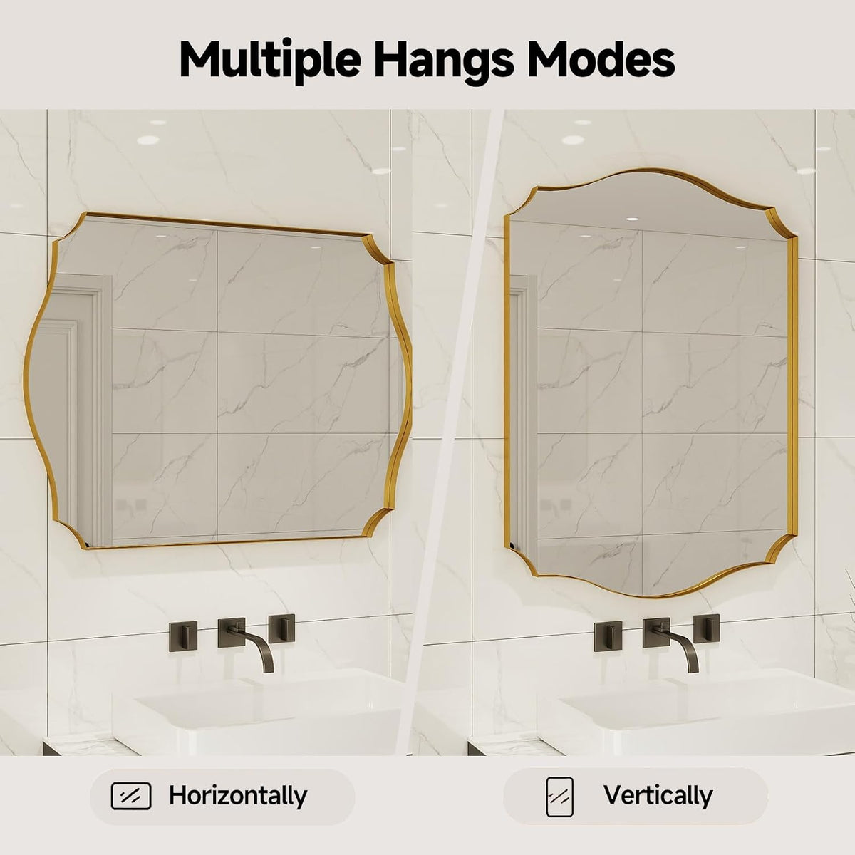Gold Vanity Wall Mirror 30"x22", Scalloped Edge Bathroom Mirror
