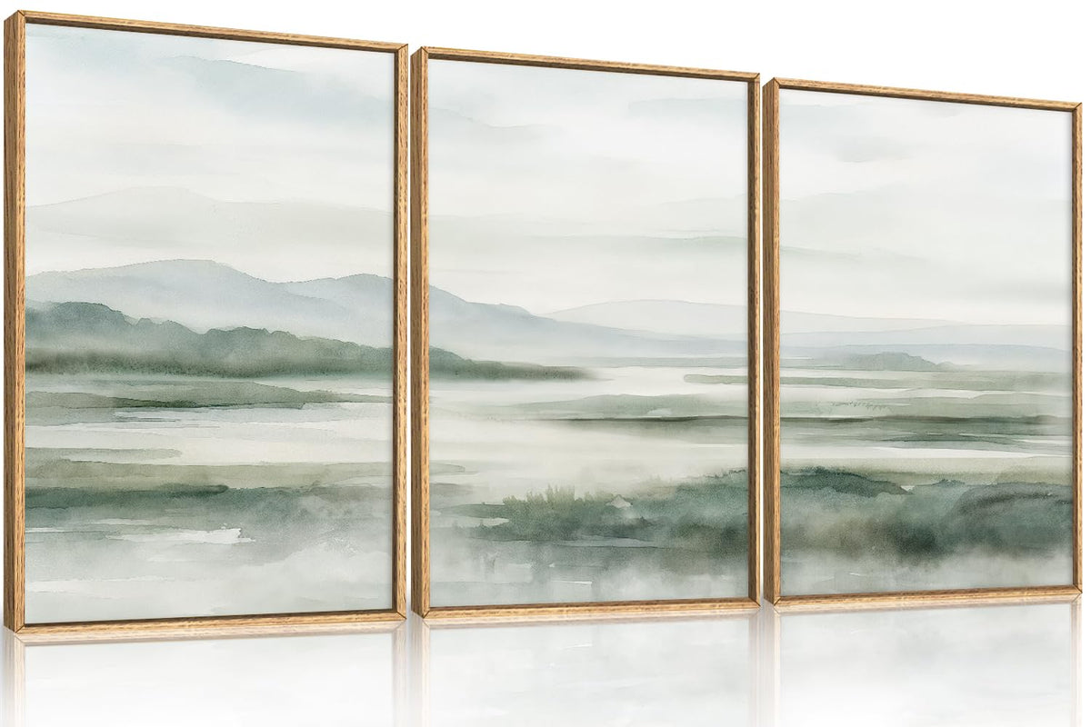 HOURIA Blue White Abstract Neutral Framed Canvas Wall Art Set- 16"x24"x3