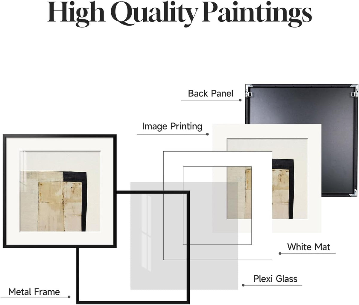 4 Piece Framed Neutral Abstract Modern Wall Art for Living Room, 12x12 In