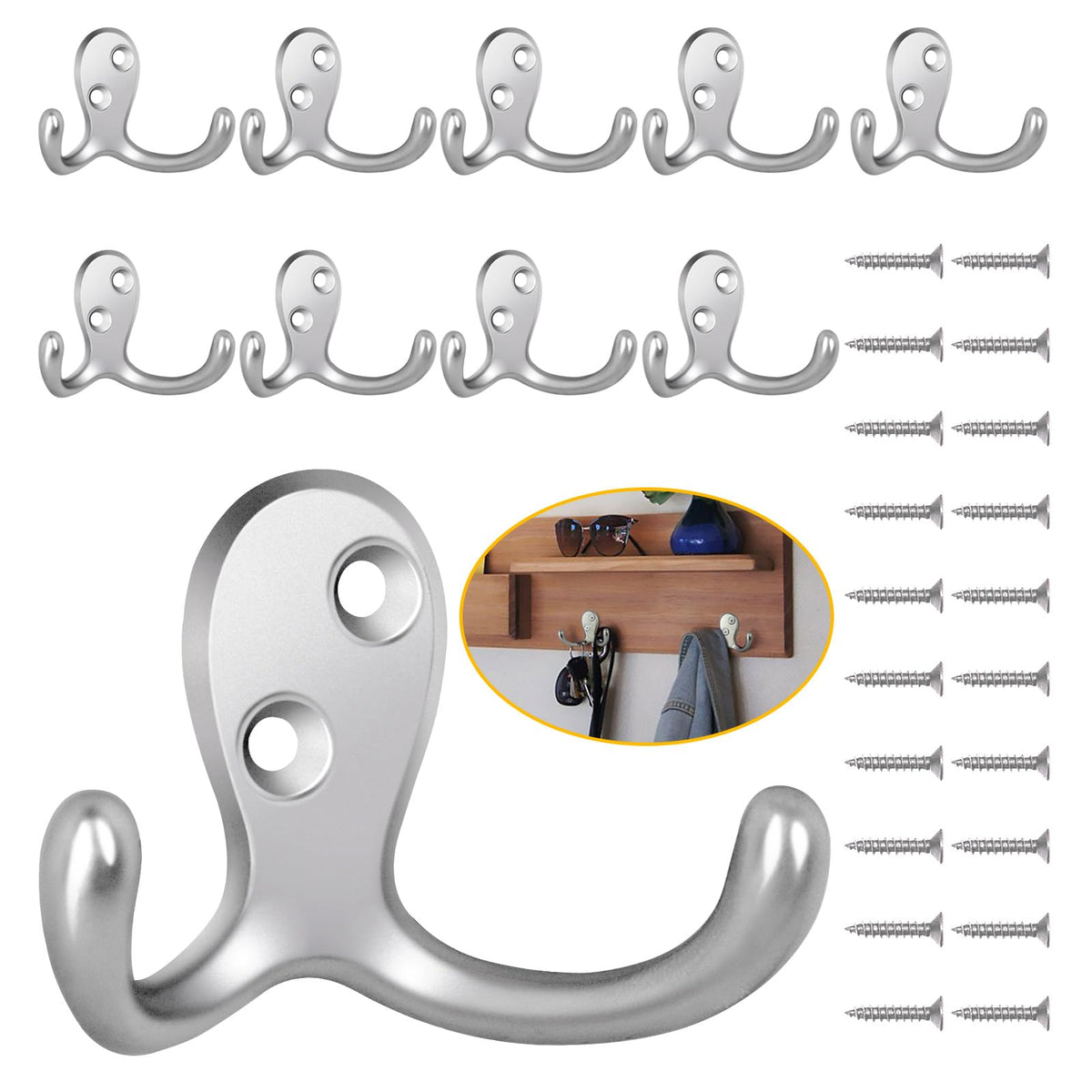 Homanu 14 Pack Black Coat Hooks Wall Mounted Double Prong with 28 Screws