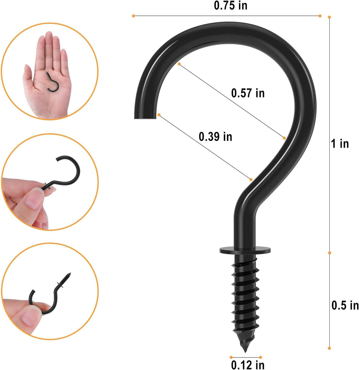 RELBRO Screw Hooks, 1 Inch Metal Screw in Cup Hooks, Black, 100 Pcs