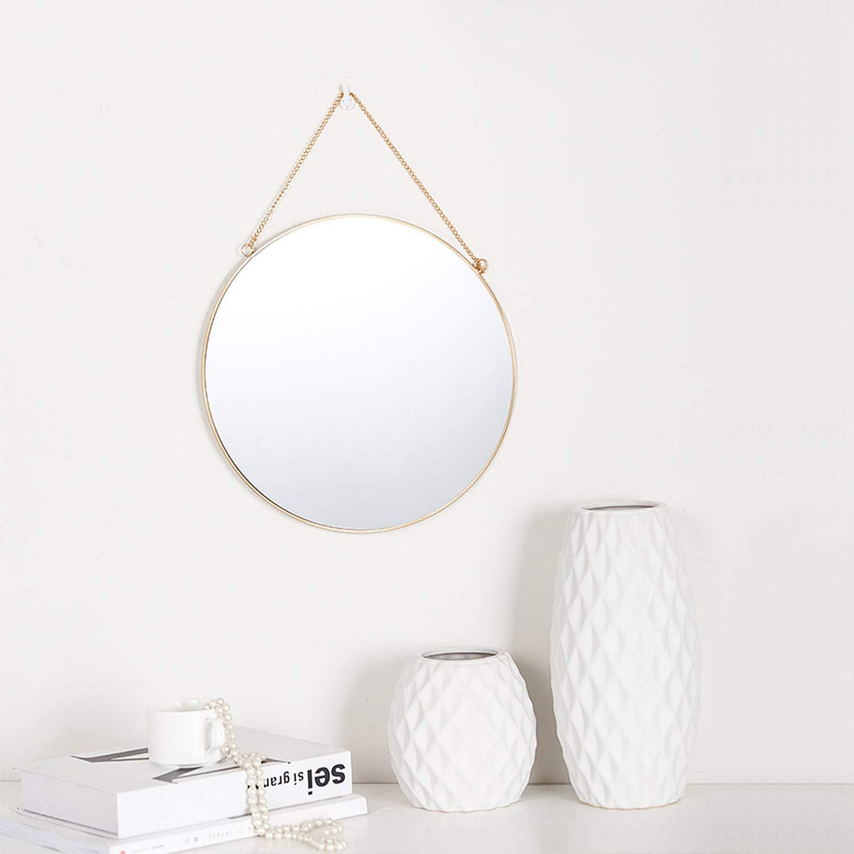 Dahey 11.8" Small Circle Round Office Wall Hanging Mirror with Chain, Gold