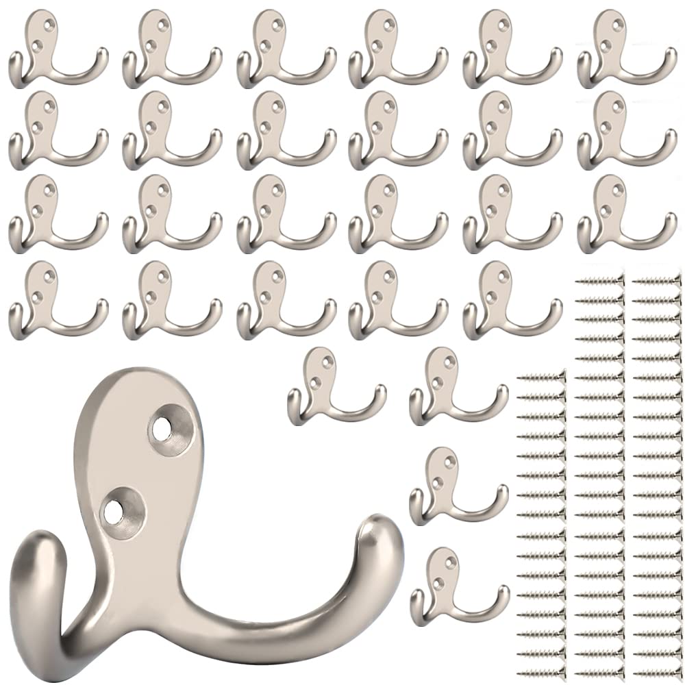 IBosins 8 Pack Silvery Double Prong Coat Hooks Wall Mounted with 16 Screws