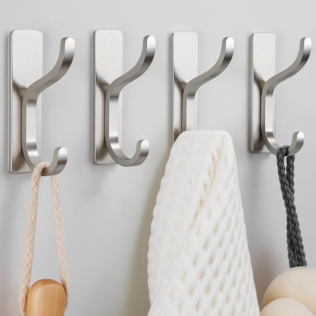Adhesive Wall Hooks for Towel/Coat,13Lb Strong Stick-On Hooks, Gold 4 Pack