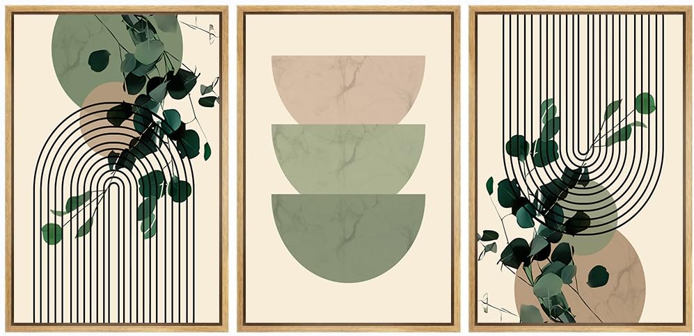 Sage Green Boho Wall Art Set of 3, Minimalist Framed Wall Art Geometric Line Leaf Sun Moon Beige Green Canvas Artwork Paintings, Abstract Botanical Boho Room Decor, Office, 12"x16"