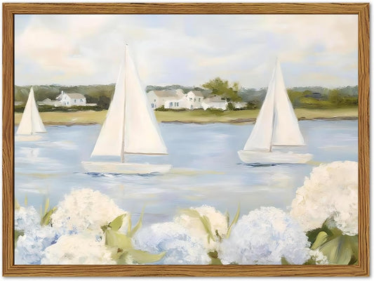 Framed Vintage Hydrangea Floral Wall Art, Blue Coastal Sailboat Pictures Wall Decor, Summer Nautical Landscape Paintings Canvas Prints Artwork for Home Living Room Bedroom 12x16 inch