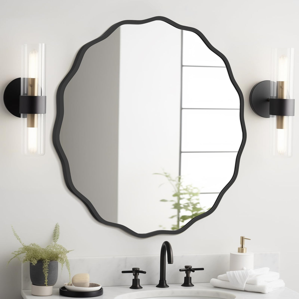 WallBeyond Round Wavy Mirror for Wall Decorative 20 inch, Modern Round Mirror Aluminum Frame for Bathroom Bedroom Living Room Home House Office Entryway, Gold