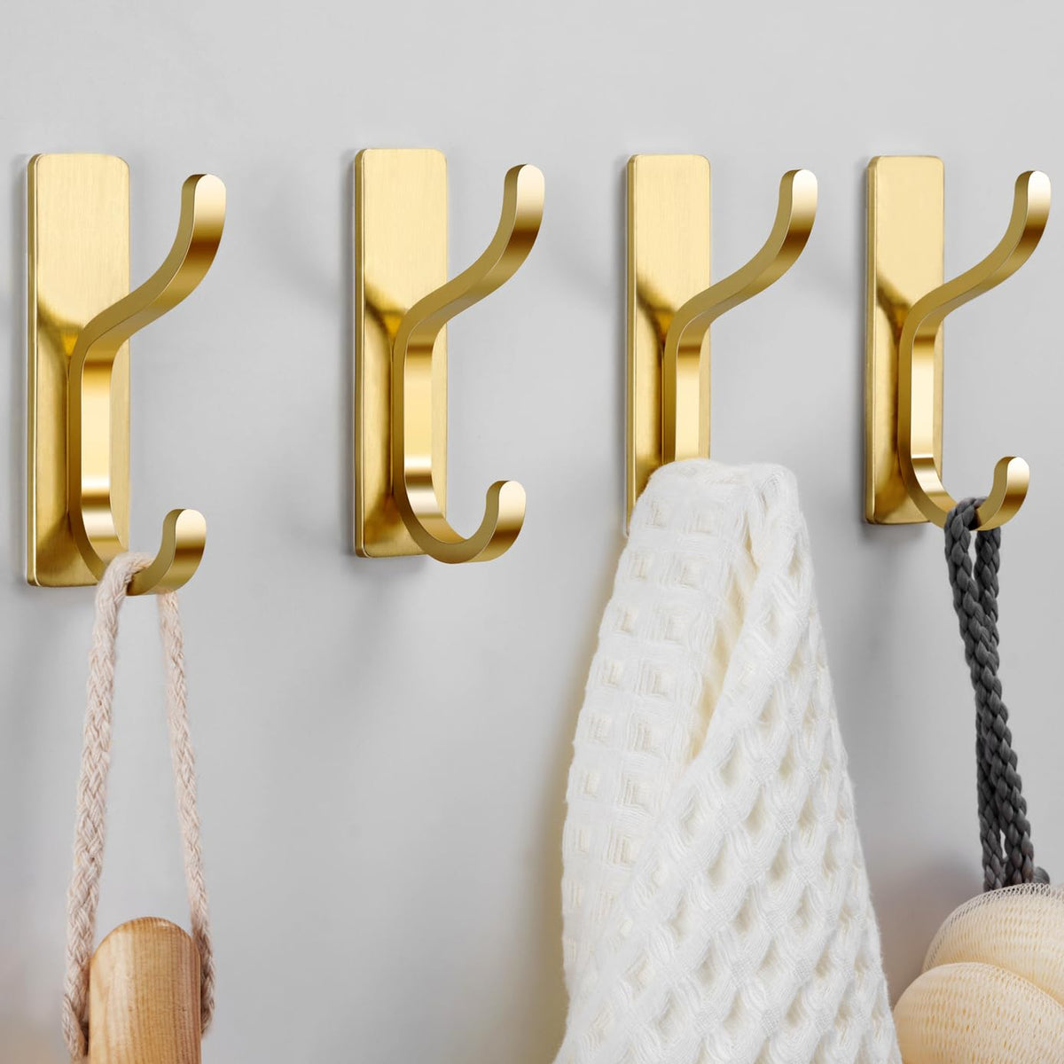 Adhesive Wall Hooks for Towel/Coat,13Lb Strong Stick-On Hooks, Gold 4 Pack