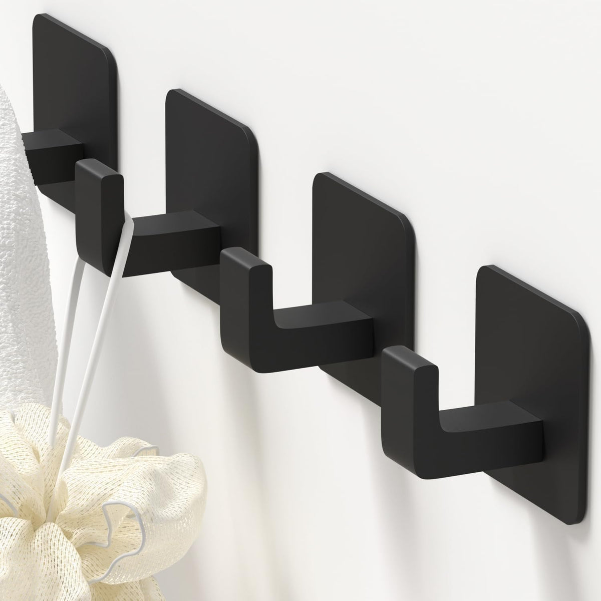 GWAAZXGZ Square Self Adhesive Towel Hooks - 4 Pack Matte Black Metal Hooks, Right-Angle Design for Towels, Robes & Hats, Organize Bathroom, Kitchen, Entryway, Doors, Cabinets on Smooth Surfaces