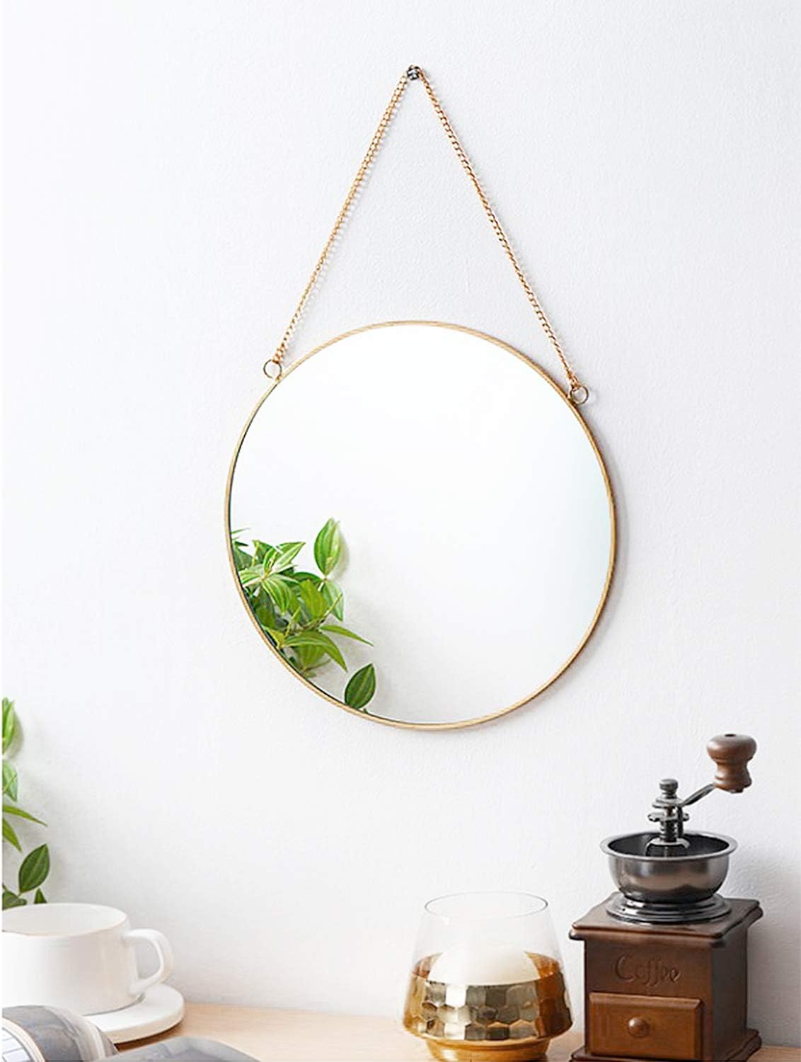 Dahey 11.8" Small Circle Round Office Wall Hanging Mirror with Chain, Gold