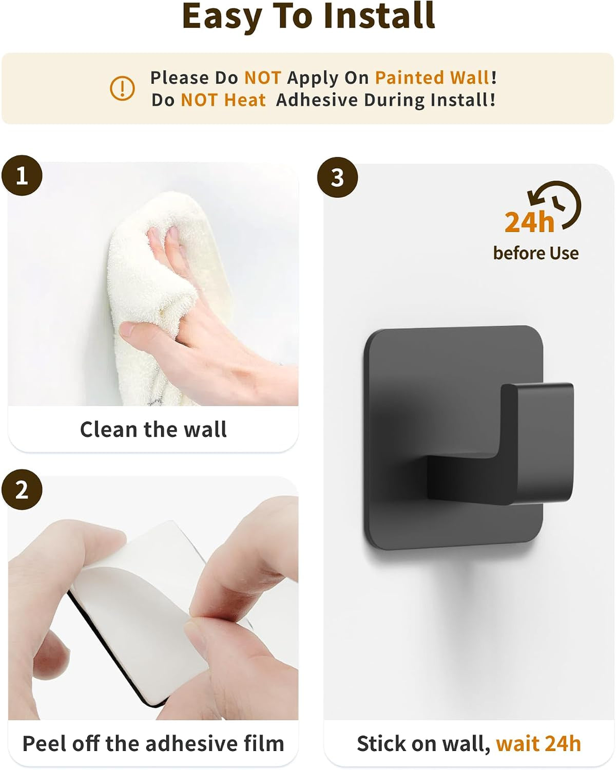 GWAAZXGZ Square Self Adhesive Towel Hooks - 4 Pack Matte Black Metal Hooks, Right-Angle Design for Towels, Robes & Hats, Organize Bathroom, Kitchen, Entryway, Doors, Cabinets on Smooth Surfaces