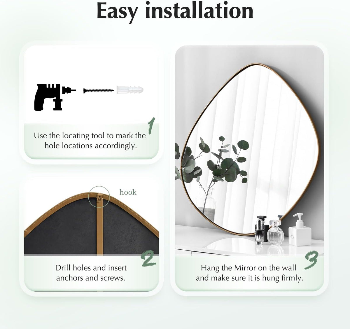 Asymmetrical Wall Mirror Matel Brass Framed Wall Mirror for Living Room Bedroom Bathroom Entryway Wall Decor 19.8" L x 19.0" W ELE-005G