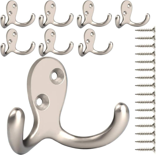 IBosins 8 Pack Silvery Double Prong Coat Hooks Wall Mounted with 16 Screws