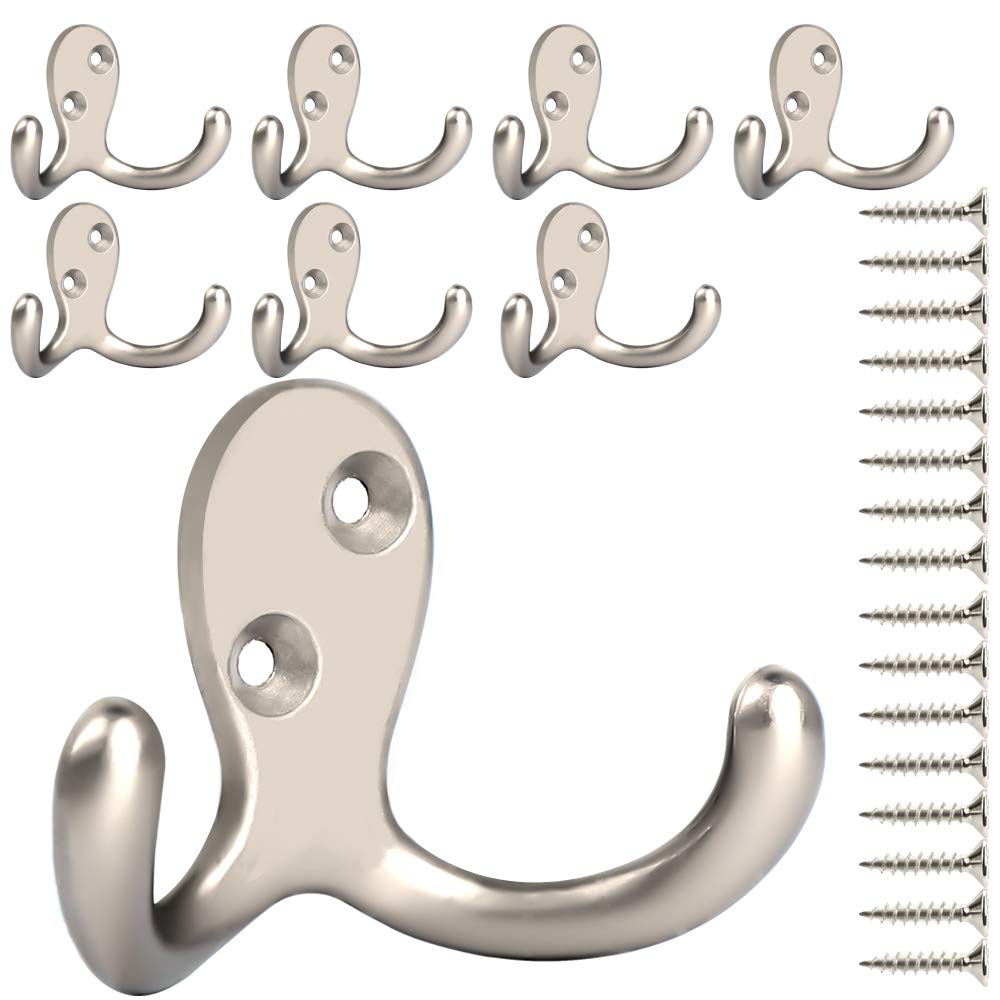 IBosins 8 Pack Silvery Double Prong Coat Hooks Wall Mounted with 16 Screws