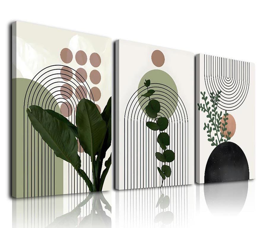 Sage Green Boho Wall Art Set of 3, Minimalist Framed Wall Art Geometric Line Leaf Sun Moon Beige Green Canvas Artwork Paintings, Abstract Botanical Boho Room Decor, Office, 12"x16"