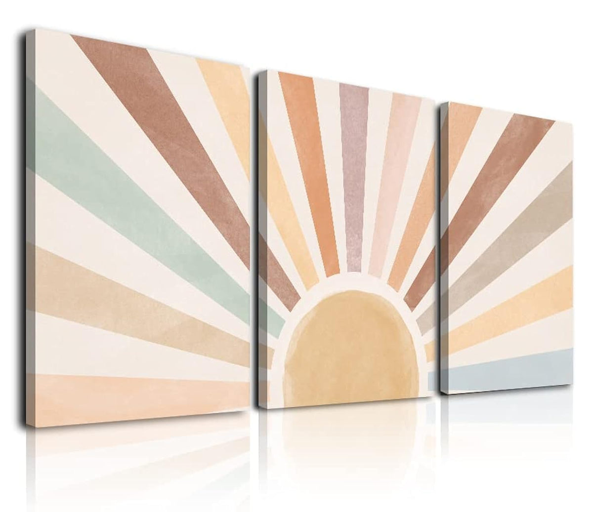 Sage Green Boho Wall Art Set of 3, Minimalist Framed Wall Art Geometric Line Leaf Sun Moon Beige Green Canvas Artwork Paintings, Abstract Botanical Boho Room Decor, Office, 12"x16"