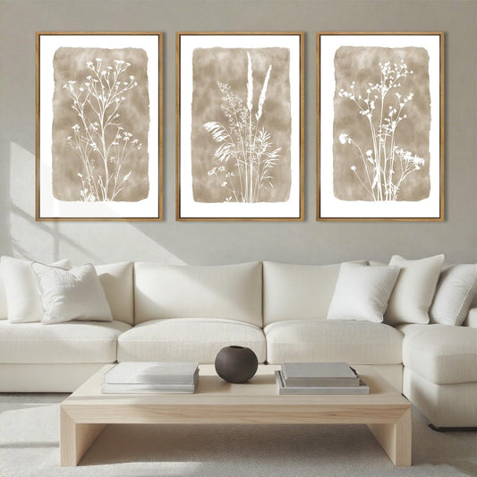 ANHUIB Beige Neutral Floral Canvas Wall Art 24x36 Inch Framed Brown Botanital Wall Decor Large Rustic Farmhouse Wildflower Artwork Boho Vintage Plant Art Prints Set of 3 for Living Room Bedroom Office