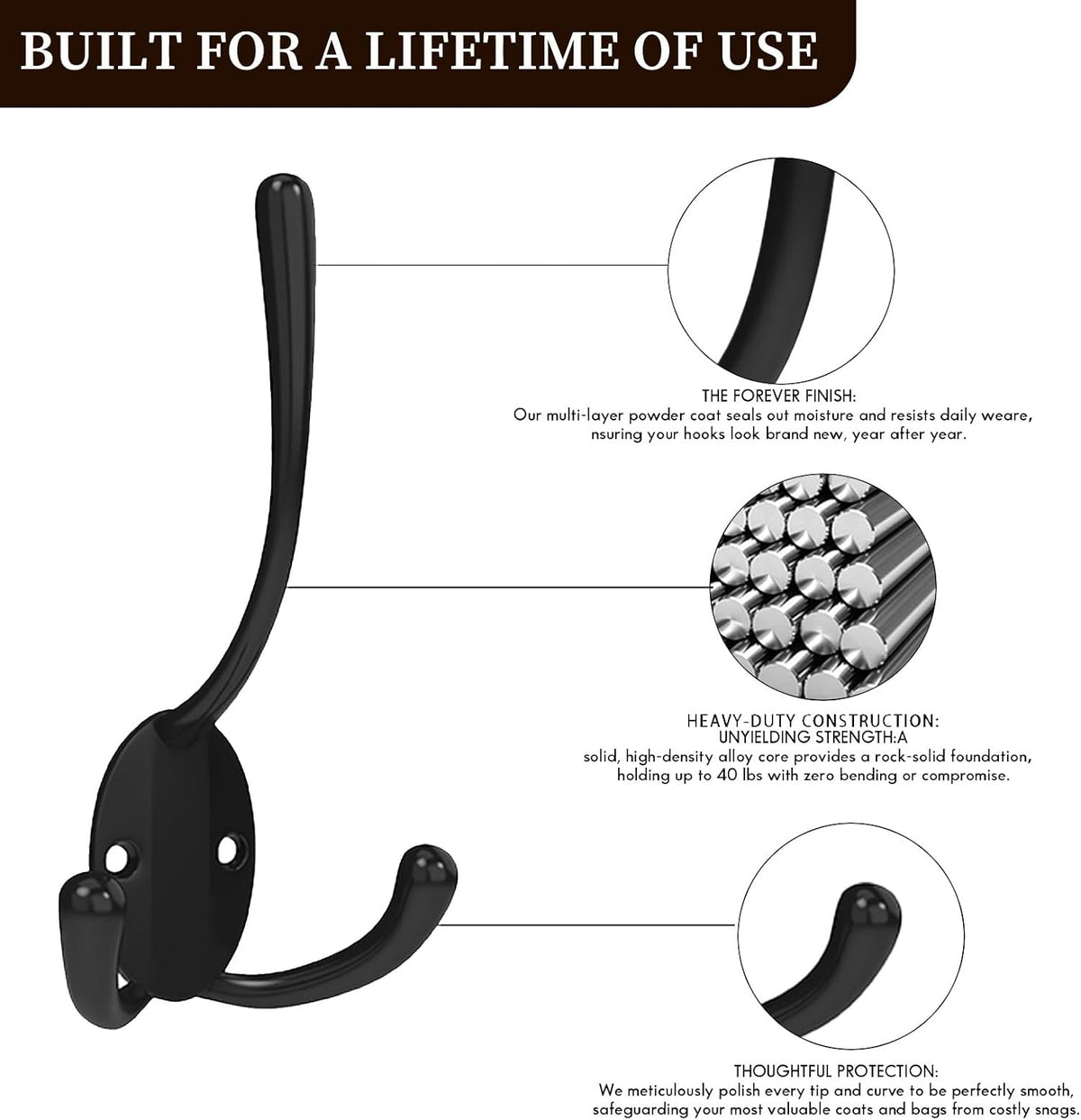 10 Pack Coat Hooks Heavy Duty, Strong Load-Bearing Capacity, Wall Hooks for Hanging, Metal Towel Hook, Easy Installation, Apply to Bathrooms, Bedrooms, Living Rooms, Entrances (Black)