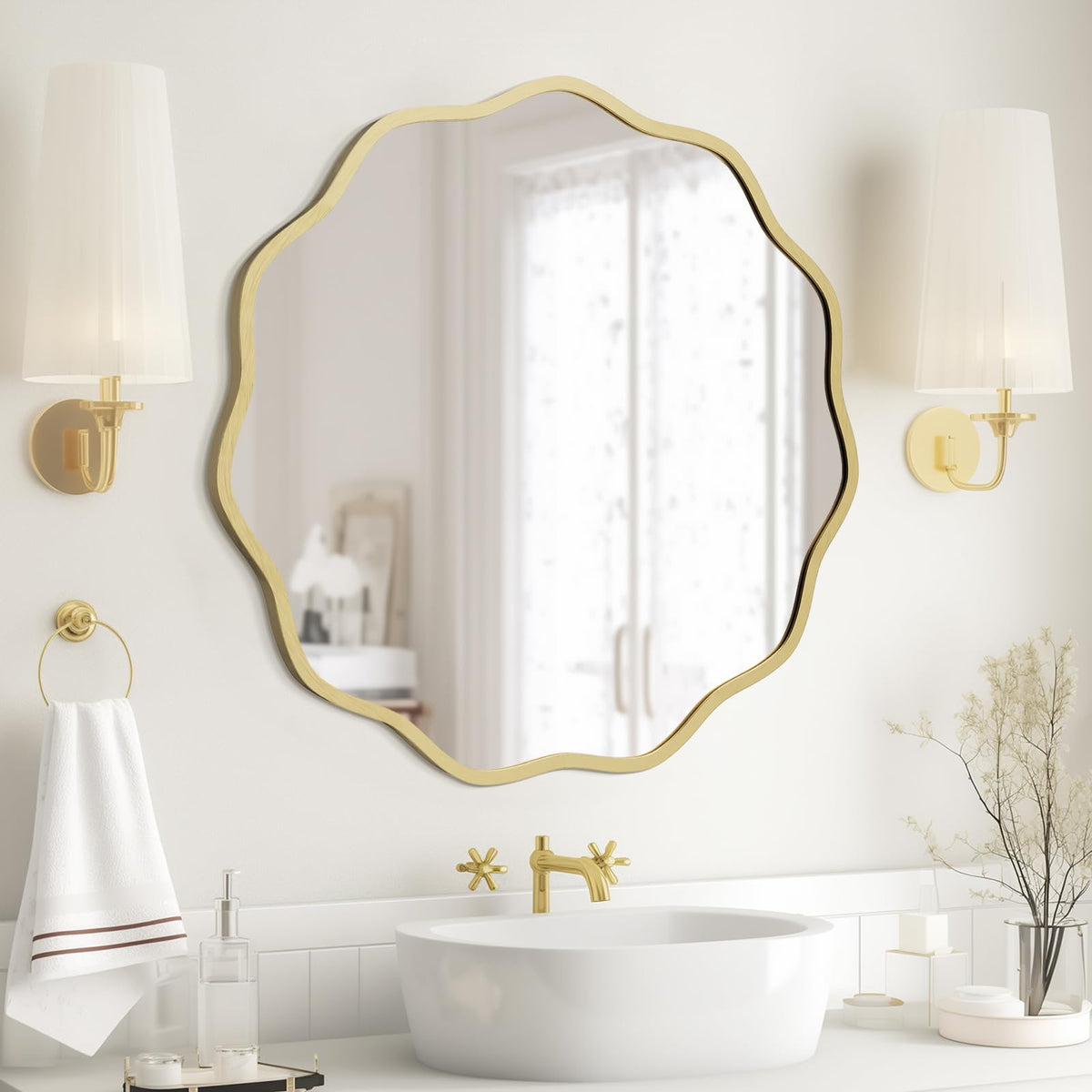 WallBeyond Round Wavy Mirror for Wall Decorative 20 inch, Modern Round Mirror Aluminum Frame for Bathroom Bedroom Living Room Home House Office Entryway, Gold