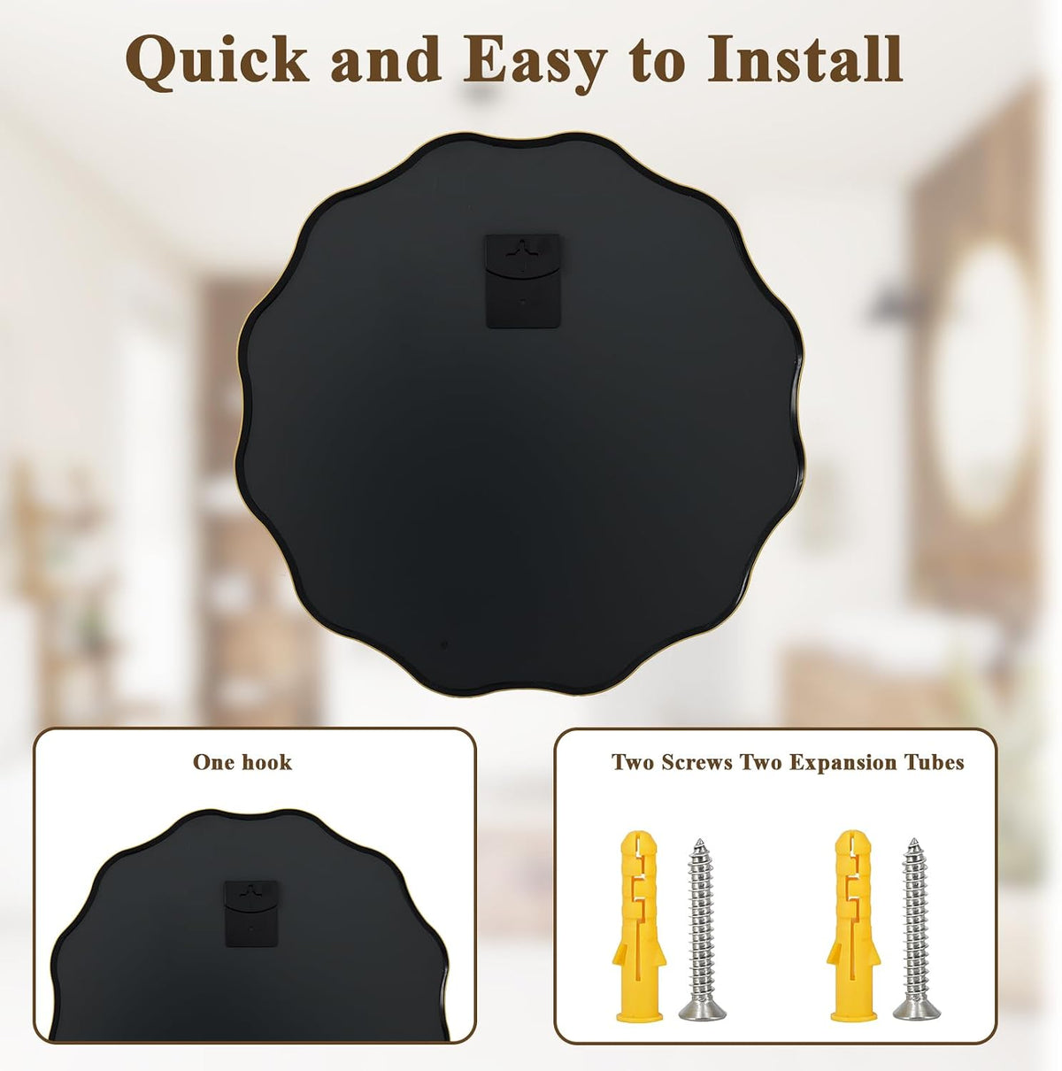 VooBang Gold Scalloped Circle Mirror, 24" Wavy Edge Round Wall Mirror