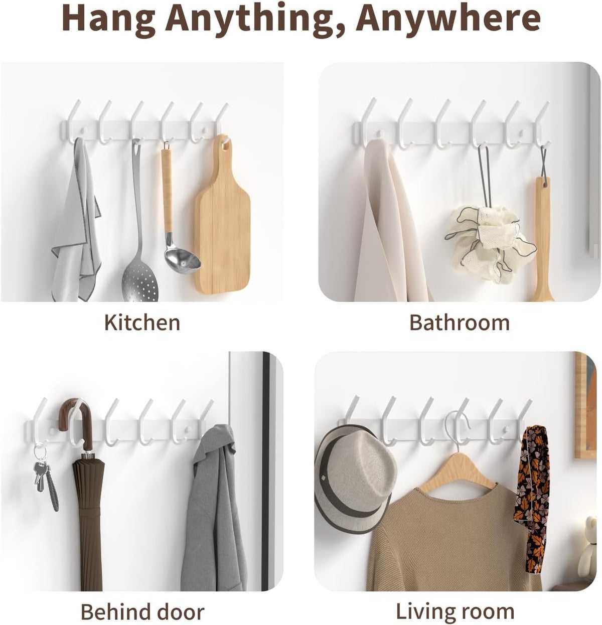 Coat Rack Wall Mount Hooks - 15 Inch White Metal 6-Hook Rack(1 Pack)