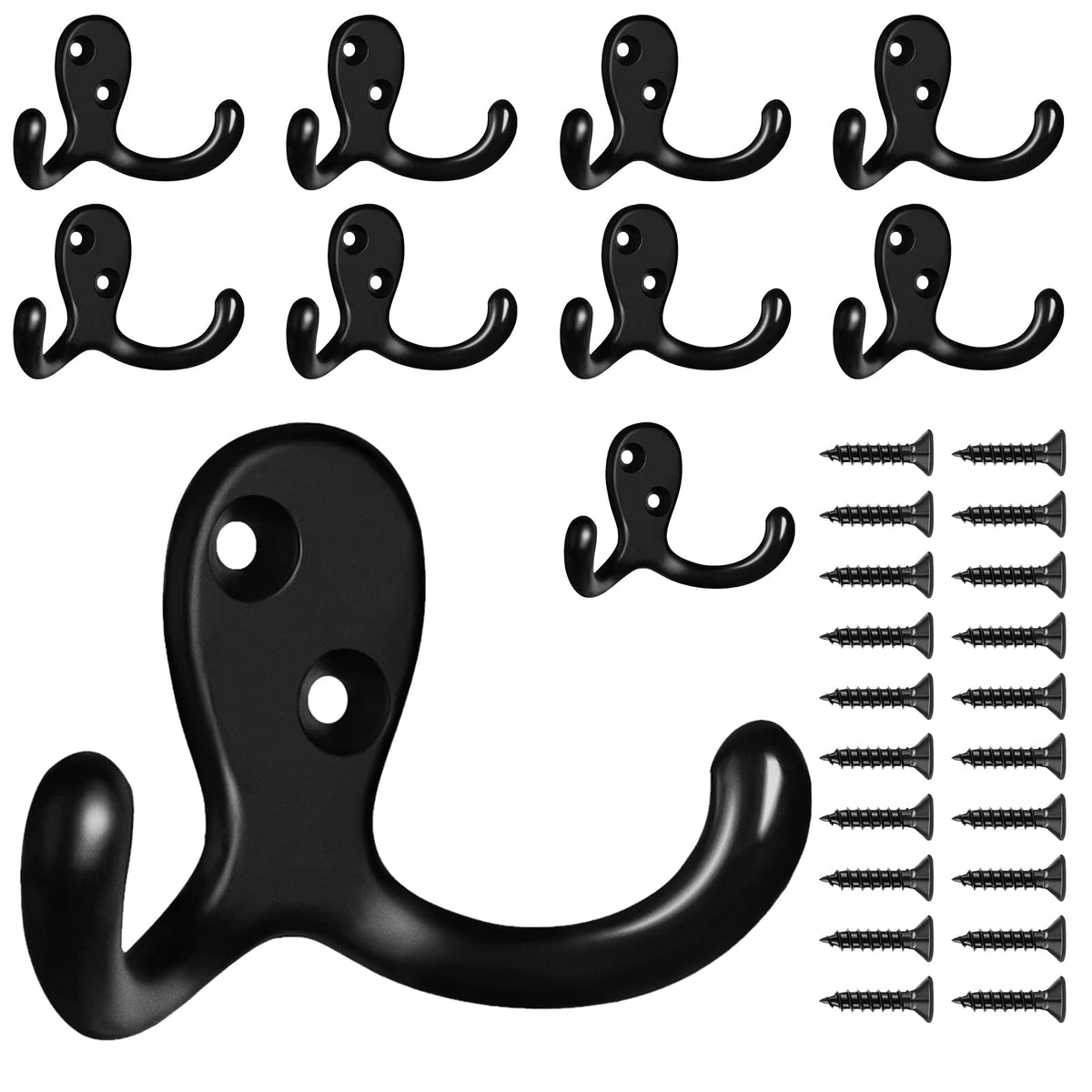 15 Pack Coat Hooks Wall Hooks for Hanging, Heavy Duty Double Prong Metal Hook Wall Mounted for Living Room, Bathroom, Kitchen, Bedroom for Coat, Bag, Scarf, Towel, Hat, Key, Cup (Black)