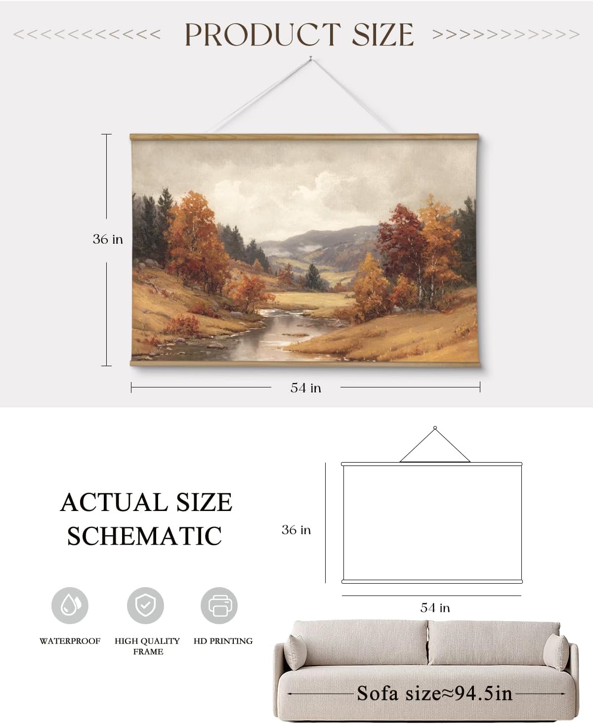 ARPEOTCY Extra Large Vintage Framed Wall Art, Fall Landscape Print, 36x54In