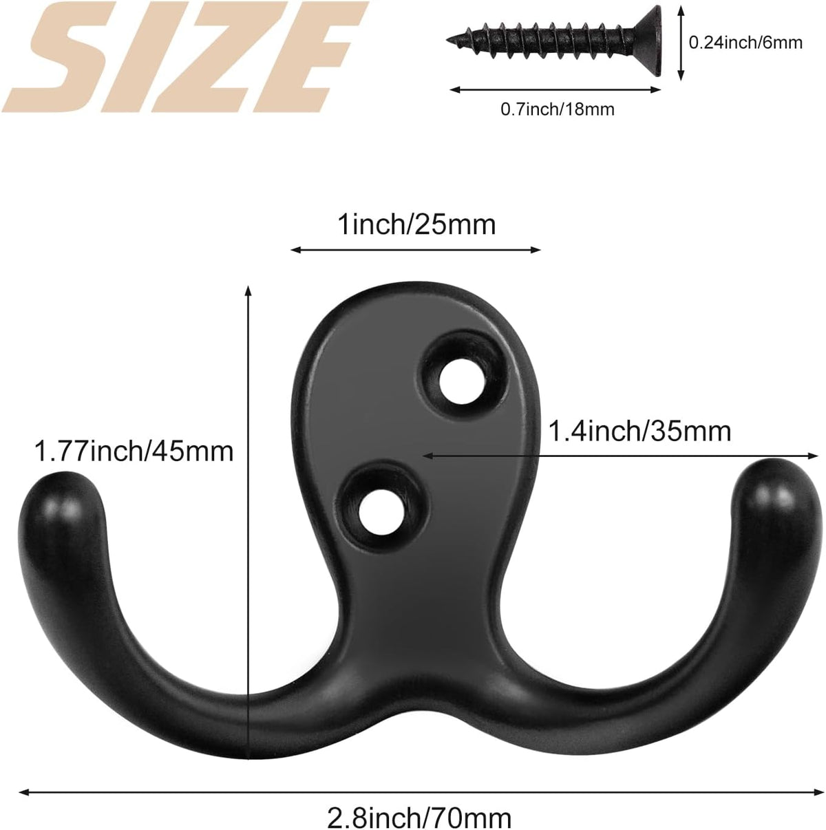 Homanu 14 Pack Black Coat Hooks Wall Mounted Double Prong with 28 Screws