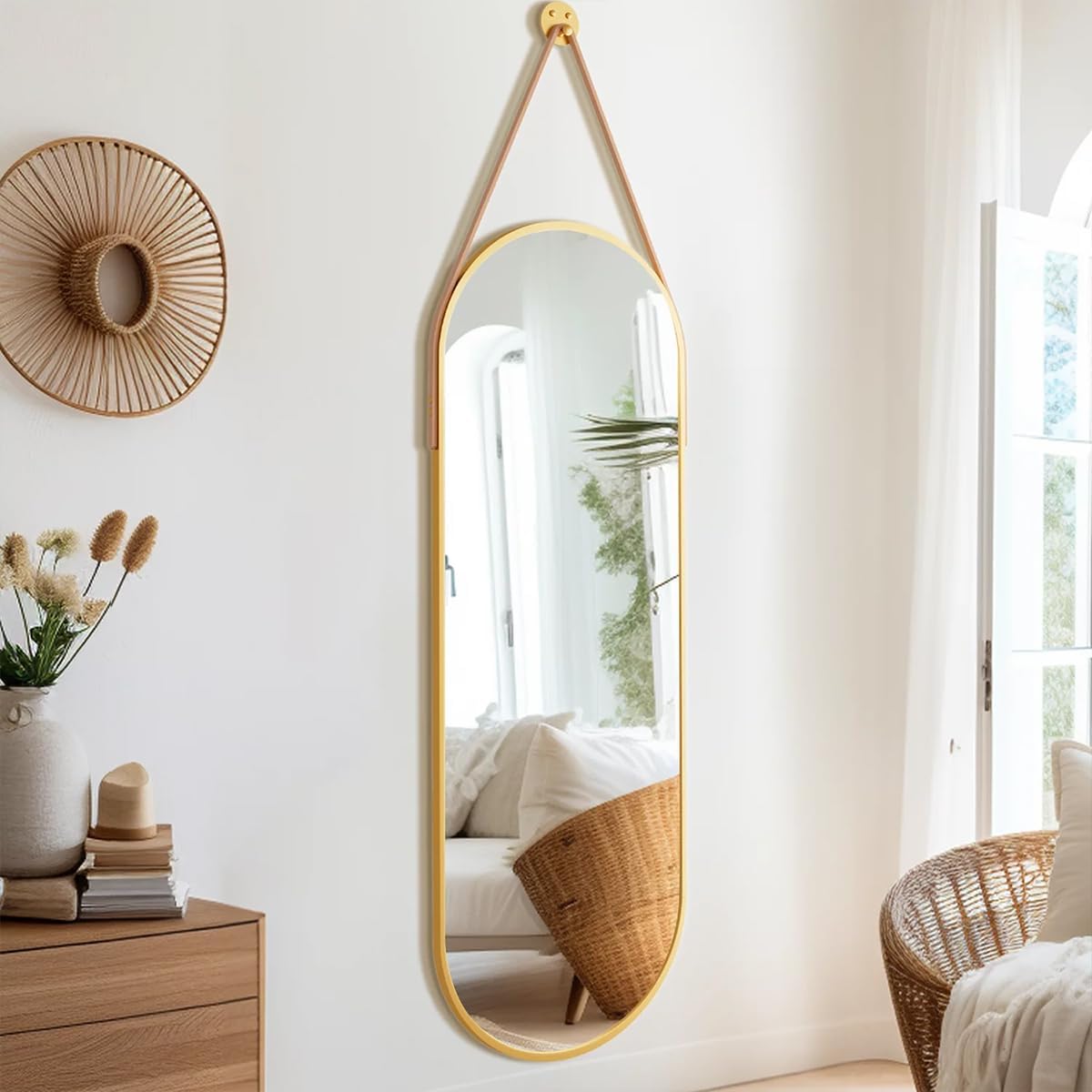 Dewfig 48"x16" Full Length Mirror, Oval Wall Mirror, Leather Strap, Gold