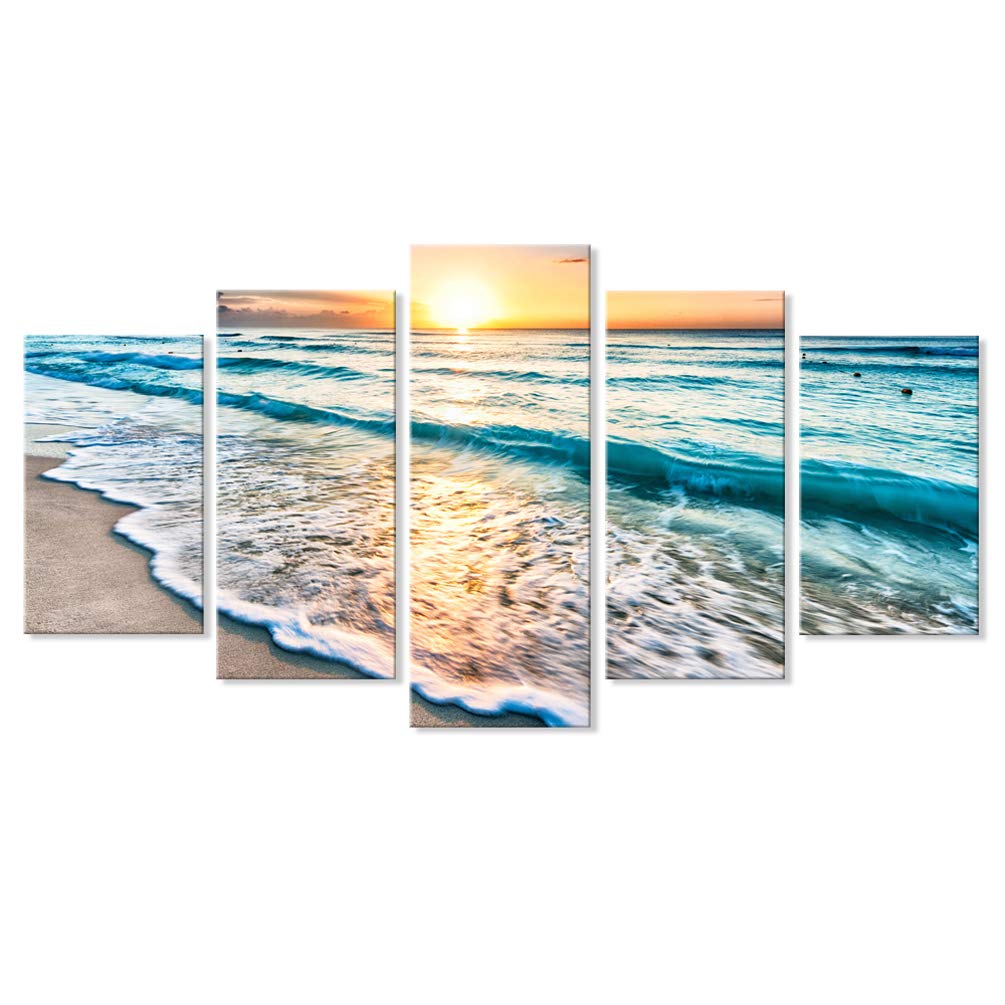 Goldfoilart Ocean Beach Sunset Canvas Wall Art for Bedroom Seascape Paintings Coastal Picture Framed Artwork for Bathroom Living Room Office Wall Decor 20" x 40"