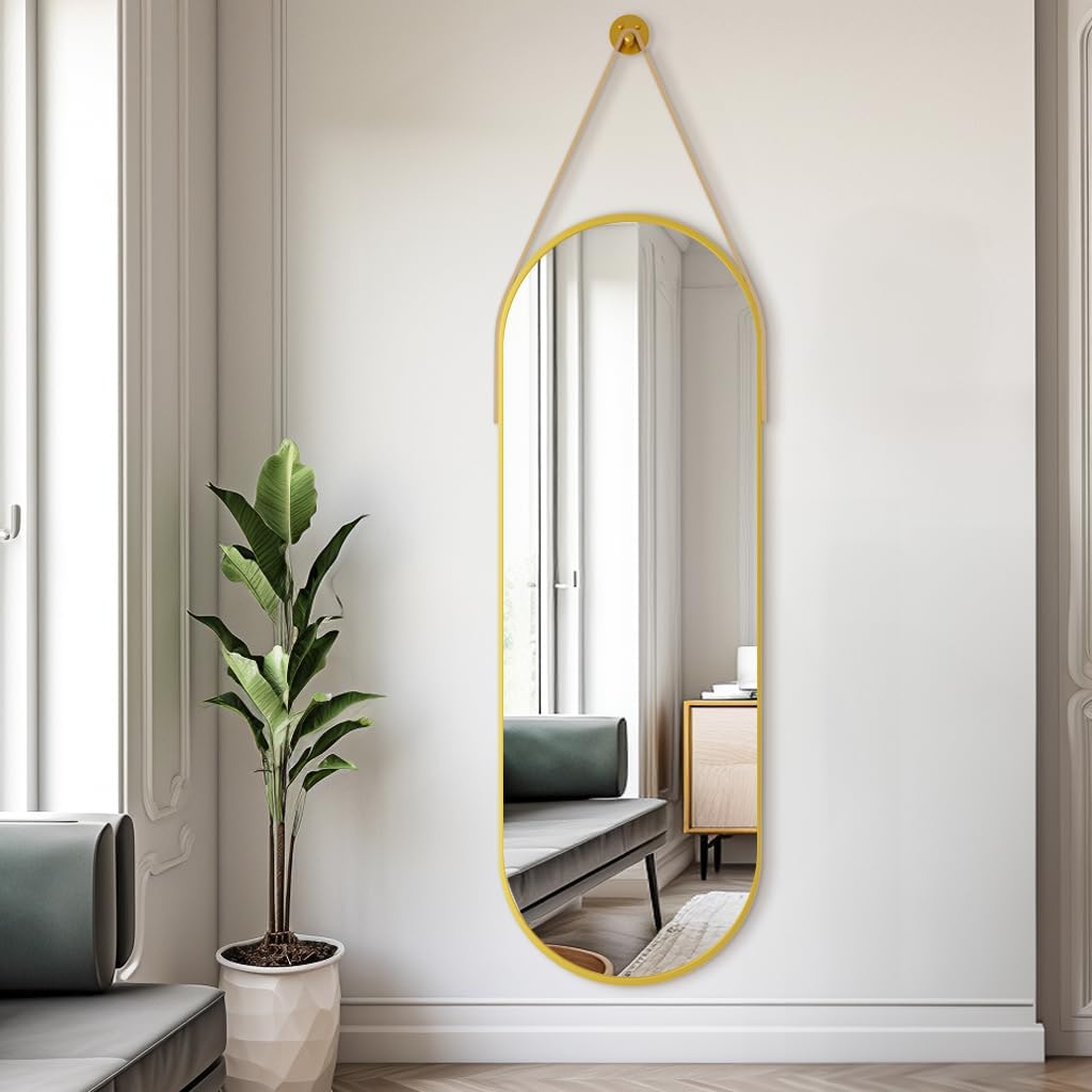 Dewfig 48"x16" Full Length Mirror, Oval Wall Mirror, Leather Strap, Gold