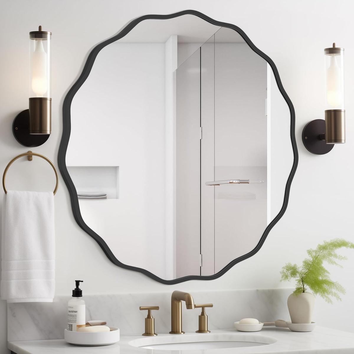 WallBeyond Round Wavy Mirror for Wall Decorative 20 inch, Modern Round Mirror Aluminum Frame for Bathroom Bedroom Living Room Home House Office Entryway, Gold