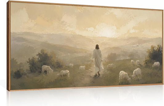 HLNIUC Vintage Jesus Lamb Framed Canvas Wall Art,Abstract Christian Bible Horizontal Wall Decor,Religious Sunset Artwork(40x20),Large Texture Nature Landscape Prints for Living Room,Bedroom,Church