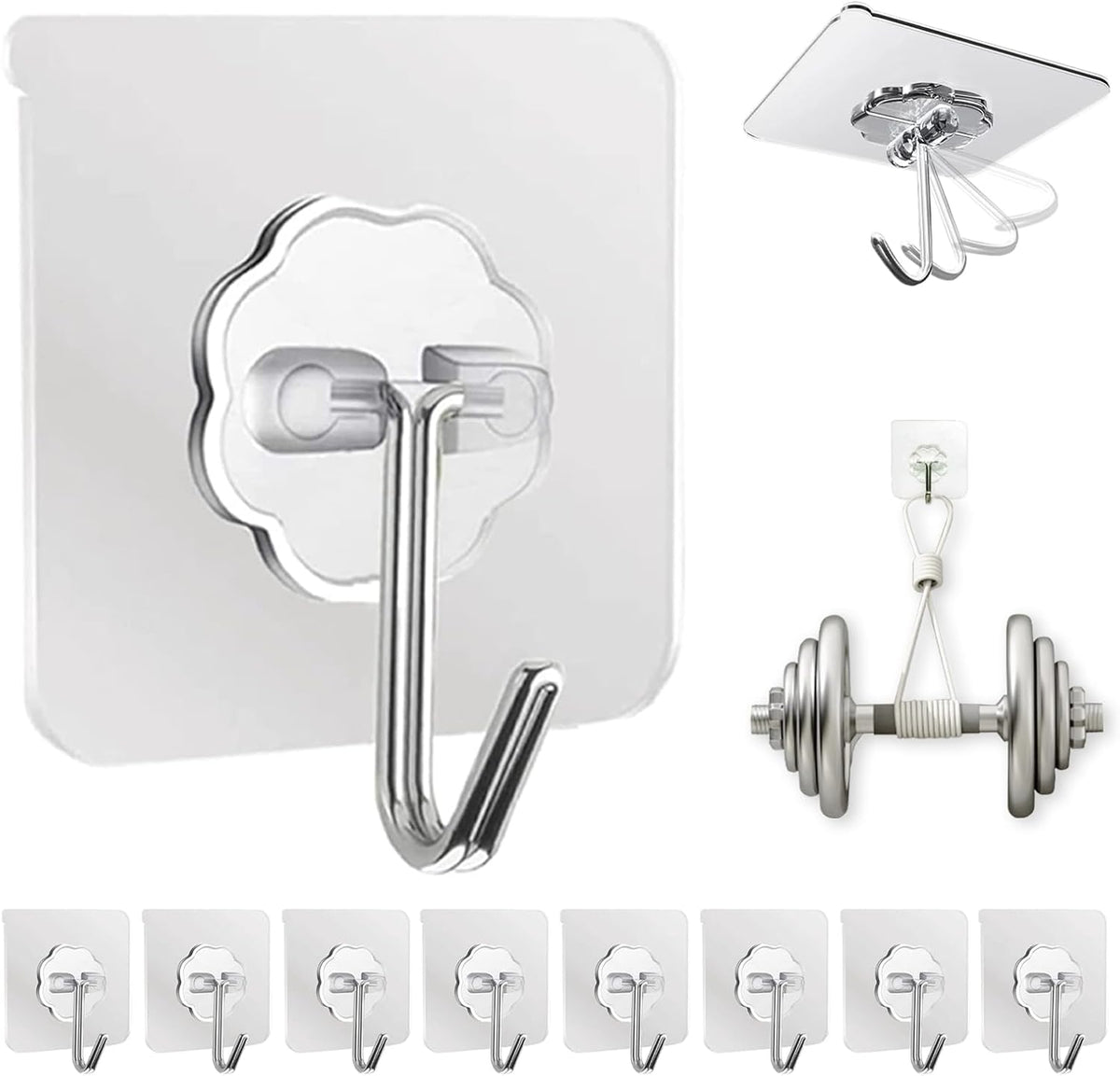 DDMY Adhesive Wall Hooks Clear 50lb(Max) Heavy Duty Hanging Sticky-10 Pack
