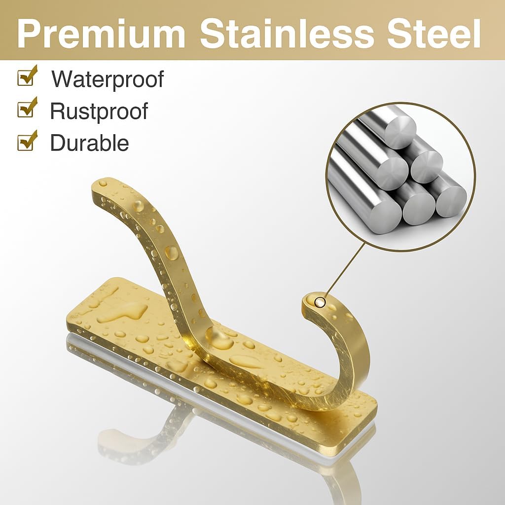 Adhesive Wall Hooks for Towel/Coat,13Lb Strong Stick-On Hooks, Gold 4 Pack