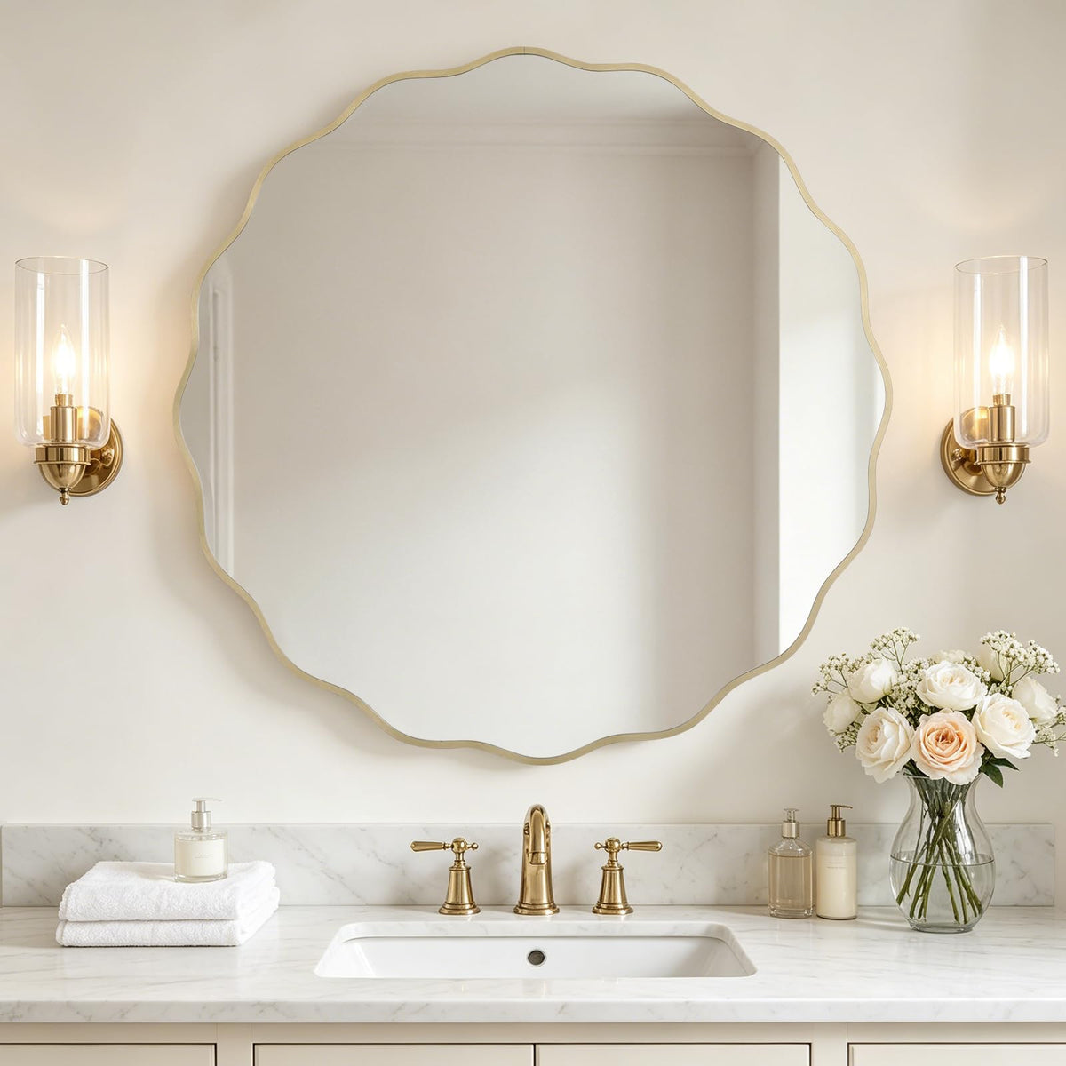 WallBeyond Round Wavy Mirror for Wall Decorative 20 inch, Modern Round Mirror Aluminum Frame for Bathroom Bedroom Living Room Home House Office Entryway, Gold