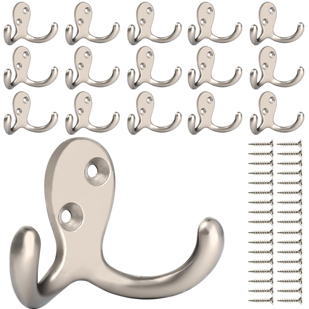 IBosins 8 Pack Silvery Double Prong Coat Hooks Wall Mounted with 16 Screws