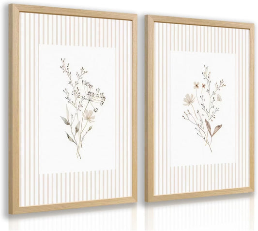 Msziryn Wood Framed Neutral Botanical Wall Art Set of 2, Beige Stripe Floral Poster Print, Minimalist Wildflower Bathroom Decor, Soft Cottagecore Farmhouse Artwork for Living Room Bedroom 12x16 Inch