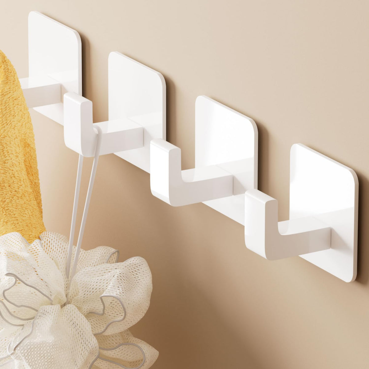 GWAAZXGZ Square Self Adhesive Towel Hooks - 4 Pack Matte Black Metal Hooks, Right-Angle Design for Towels, Robes & Hats, Organize Bathroom, Kitchen, Entryway, Doors, Cabinets on Smooth Surfaces