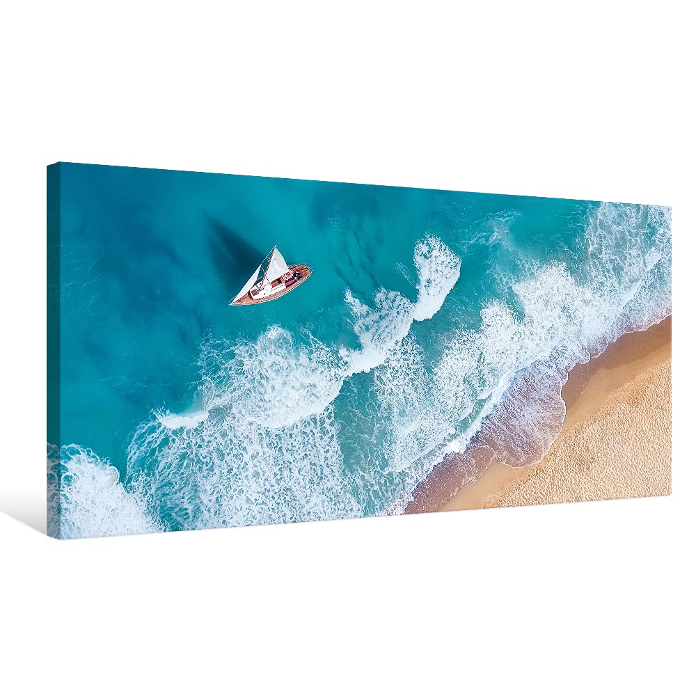 Goldfoilart Ocean Beach Sunset Canvas Wall Art for Bedroom Seascape Paintings Coastal Picture Framed Artwork for Bathroom Living Room Office Wall Decor 20" x 40"