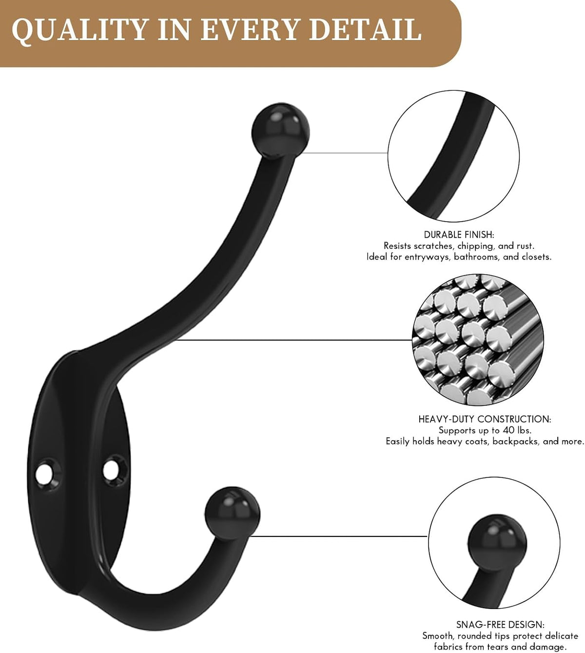 CBWLWJ 32 Pack Coat wall Hooks for Hanging, Durable Coat Hook Wall Mount, with Easy Installation Metal Closet Hooks, Living Rooms, Entrances, Bathrooms, Bedrooms(Black)