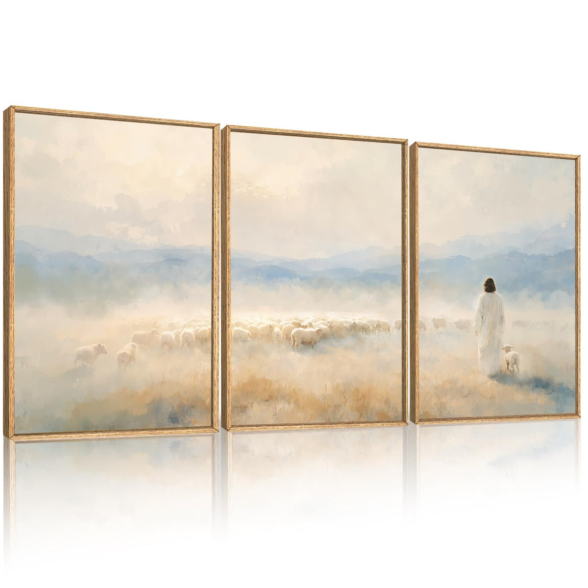 HOURIA Blue White Abstract Neutral Framed Canvas Wall Art Set- 16"x24"x3
