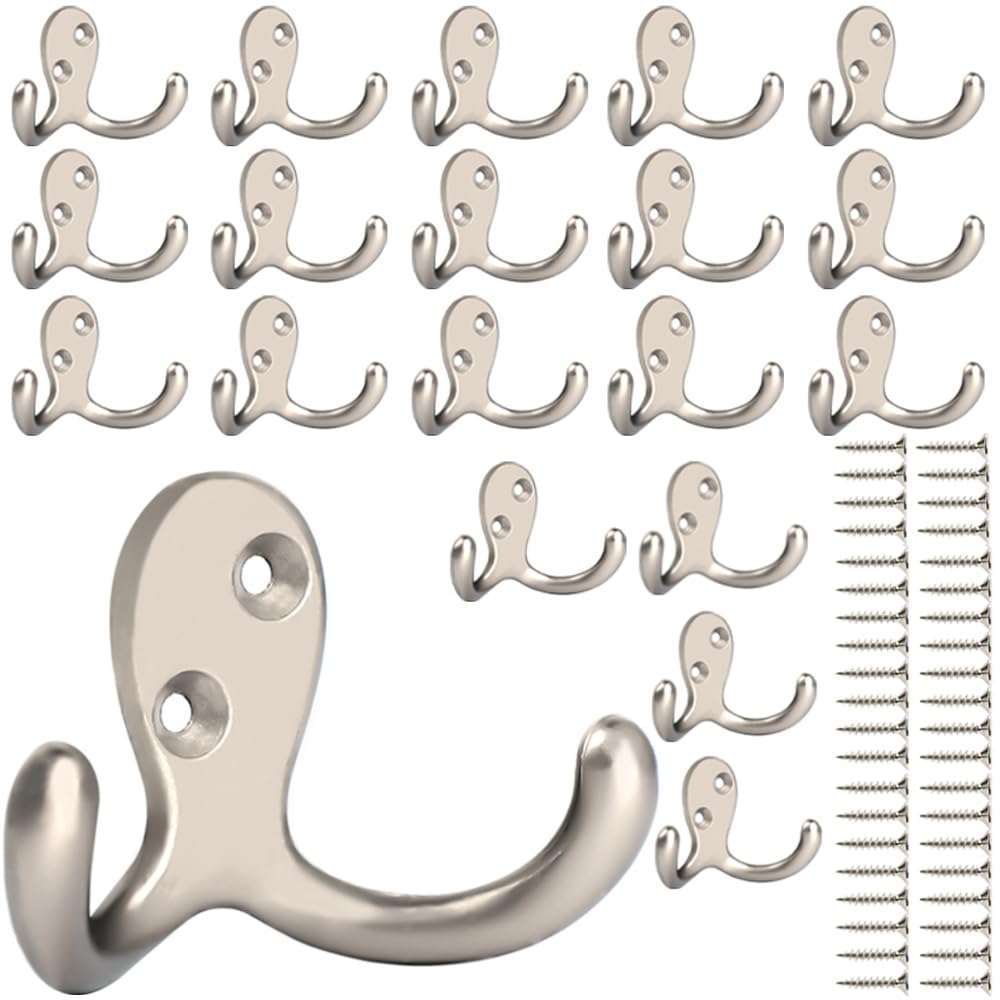 IBosins 8 Pack Silvery Double Prong Coat Hooks Wall Mounted with 16 Screws