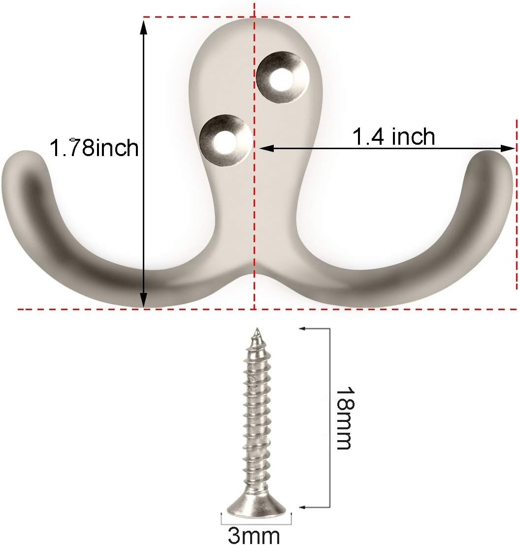 IBosins 8 Pack Silvery Double Prong Coat Hooks Wall Mounted with 16 Screws