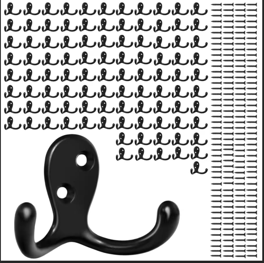 Homanu 14 Pack Black Coat Hooks Wall Mounted Double Prong with 28 Screws